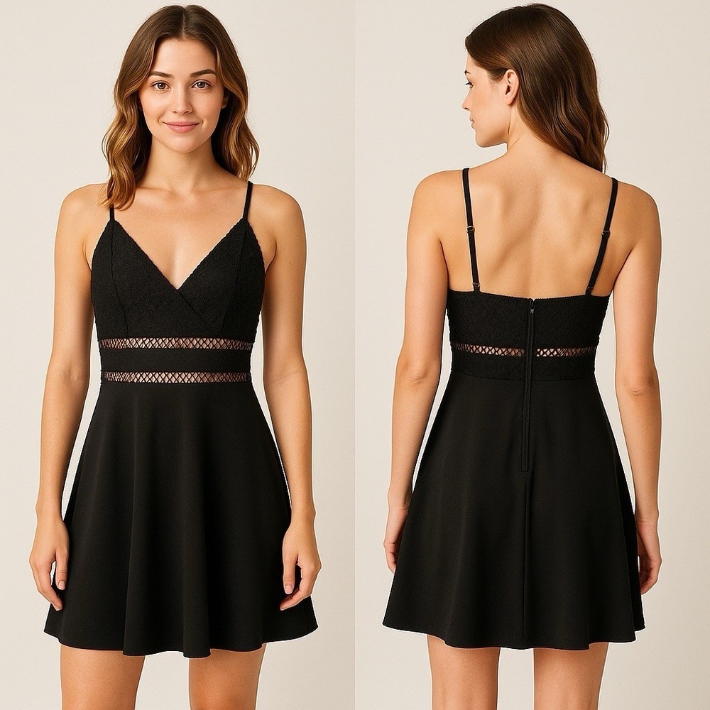 NWOT Francesca's Blue Rain Dress‎ SzM Eyelet Waist Black Lace Spaghetti Strap